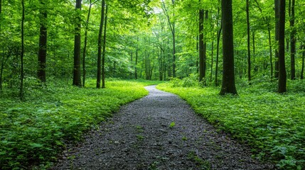 Fototapeta premium Forest path winding through lush green trees. Nature scene for travel brochure