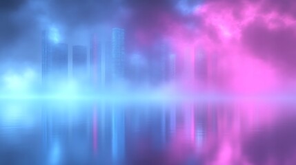 Fototapeta premium Futuristic Cityscape Reflected In Neon Lit Water