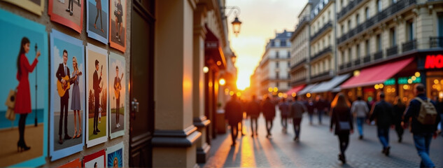 Obraz premium Colorful Parisian postcards display street artists during sunset, festive ambiance