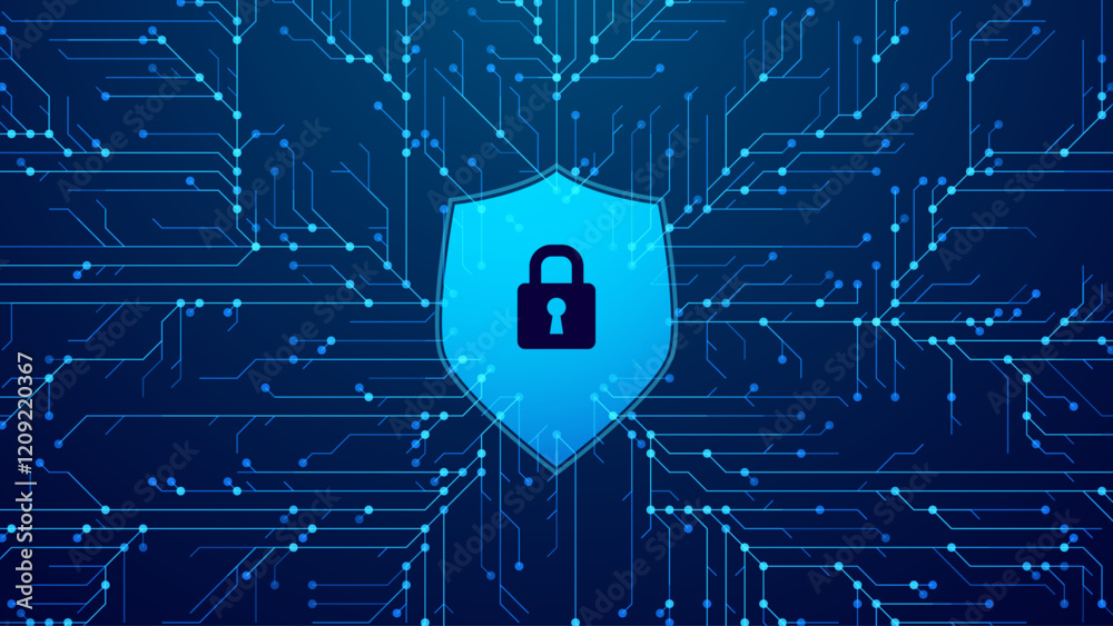 Poster Cyber Security and Data Protection Technology Background. Cyber Lock Icon. Digital Circuit Network Protection Backdrop. Vector Illustration.