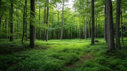 Obraz premium Lush green forest with tall trees and ferns.