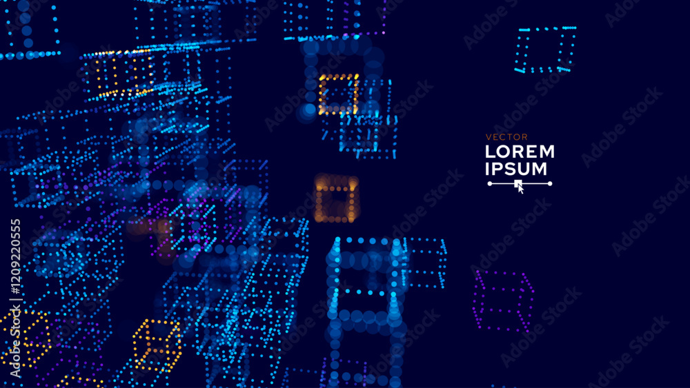 Poster Big Data 3D Digital Cubes Quantum Computer Server Concept Background. 3D Blockchain Cube Blocks Concept. Data Core Abstract Cubes. Artificial Intelligence Presentation Design. Vector Illustration.