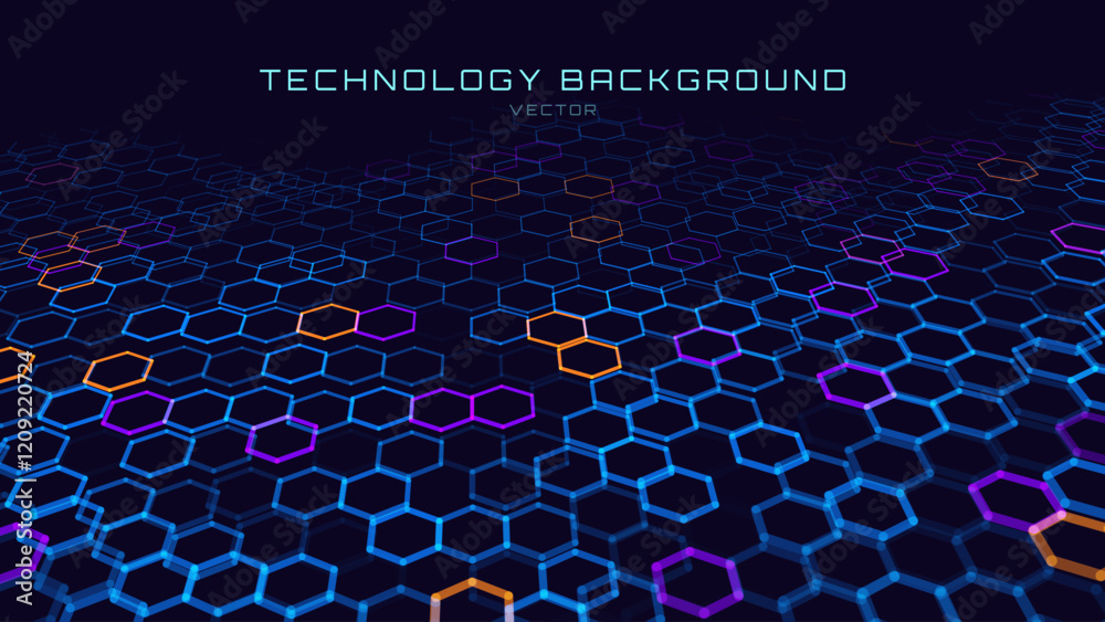 Fototapete Hexagonal Abstract Technology Background. Hexagons Pattern for Hi-Tech Communication Design. Hi-tech Cyber Hexagon Sci-Fi Game Banner Grid. Vector Illustration