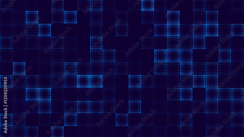 Poster Digital Pixel Explosion Grid Mosaic. Abstract Virtual Cyber Space Data Flow. Halftone Pixel Effect Round Explosion. Vector Illustration.