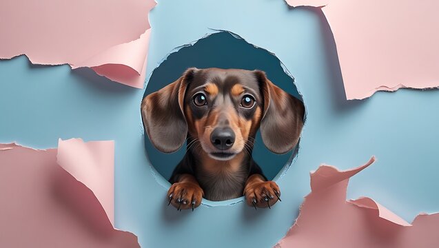 A curious dachshund dog peeks through a torn paper opening on a pastel blue and pink background, offering a charming and eye-catching visual perfect for artistic and nature-inspired designs