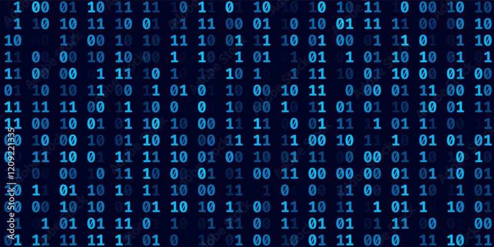 Fototapete Abstract Blue Binary Software Programming Code Background. Random Parts of Program Code. Digital Data Technology Concept. Random Binary Data Matrix Wide Vector Illustration.