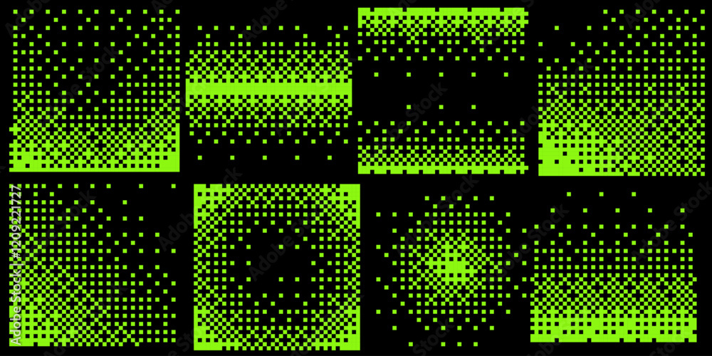 Poster Abstract Y2K Green Pixel Gradation Dithering Halftone Fade Gradation Effect Graphic Design Elements Set. Bitmap Raster Dithering Transition Effect. Bold Brutalist Design. Vector Illustration.