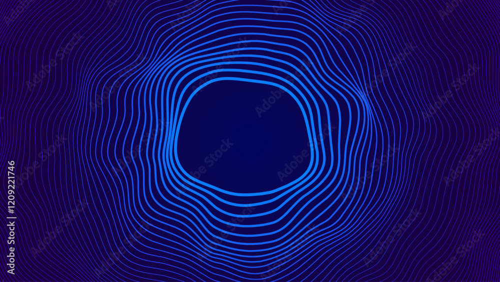 Poster Abstract Sound Wave Round Frame Background. Dynamic Music Wavy Lines Flow. Digital Equalizer. Round Sound Data Visualization. Abstract Vector Background.