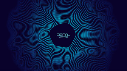 Abstract Sound Wave Round Frame Background. Dynamic Music Wavy Lines Flow. Digital Equalizer. Round Sound Data Visualization. Abstract Vector Background.