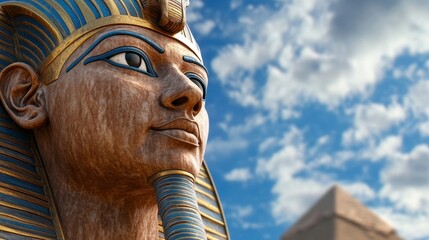 Ancient Egyptian Pharaoh Sculpture with Blue Sky and Pyramids
