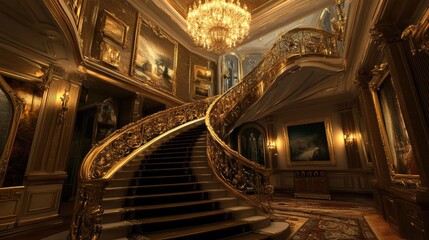 Obraz premium A majestic 3D staircase with golden railings and steps, illuminated by chandeliers, leading up to an elegant upper floor surrounded by gold-framed artwork.