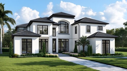 Fototapeta premium Elegant Modern Two Story House with Black Accents