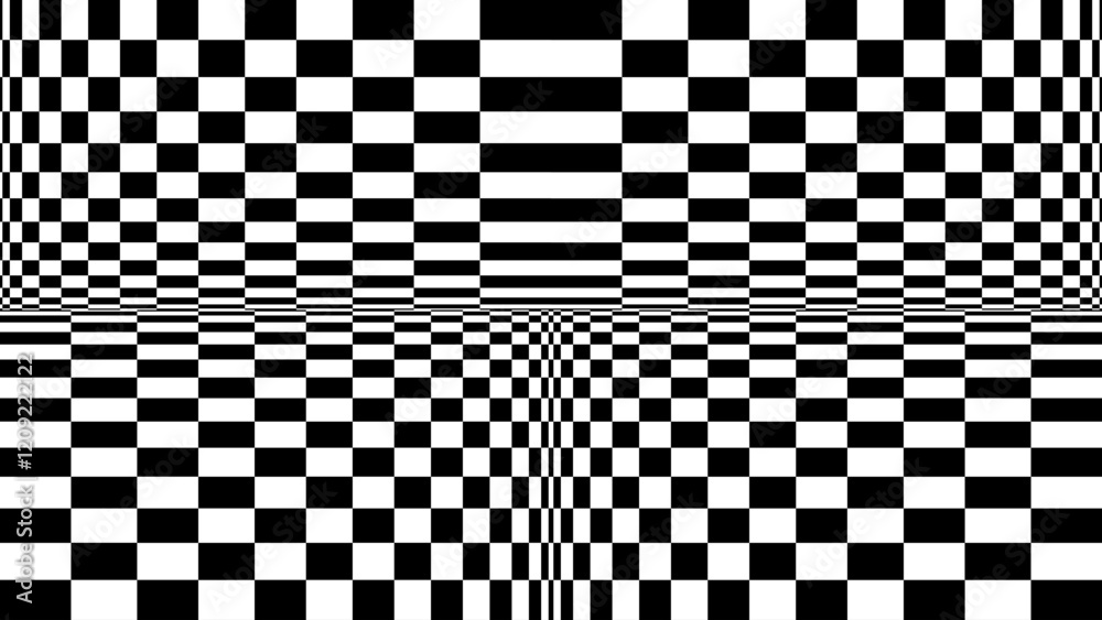 Fototapete abstract black and white pattern with warped checkers grid. contrasty optical psychedelic illusion. 