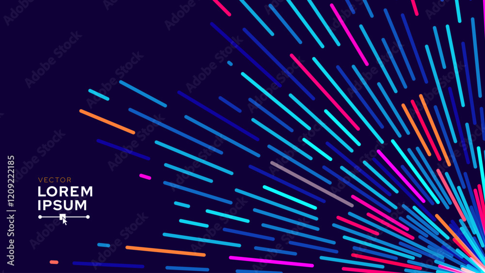 Poster Abstract Colorful Data Flowing Lines. Speed Lines Lights Graphics. Futuristic Linear Backdrop Design. Technology, Big Data, Science Theme Template.