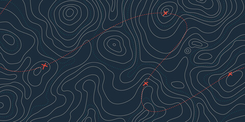 Mountain Topographic Landscape Map with Grid and Lines, Outline Terrain. Banner with geographic land relief. Wavy abstract contour background with cartography texture 