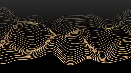 Abstract Landscape Mountain Golden Line Art Background. Golden Wavy Lines Isolated on Dark Background. Luxury Style Art Decoration Backdrop. Vector Illustration. © ec0de