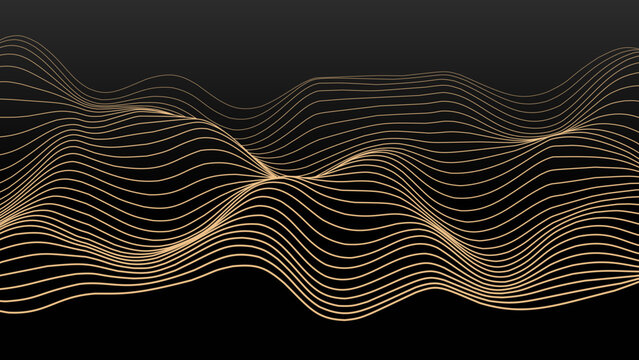 Abstract Landscape Mountain Golden Line Art Background. Golden Wavy Lines Isolated on Dark Background. Luxury Style Art Decoration Backdrop. Vector Illustration.