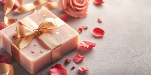 Handmade soap with gold ribbon and rose petals. Valentine's Day theme skincare product.