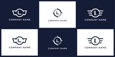 L letter logo set with compass, wing, and ring, editable vector bundle