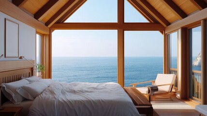 A serene bedroom with stunning ocean view featuring soft linens, natural light, and coastal decor for ultimate relaxation.