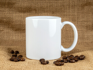 blank white mug sits on burlap background surrounded by coffee beans, perfect for showcasing your favorite beverage or design