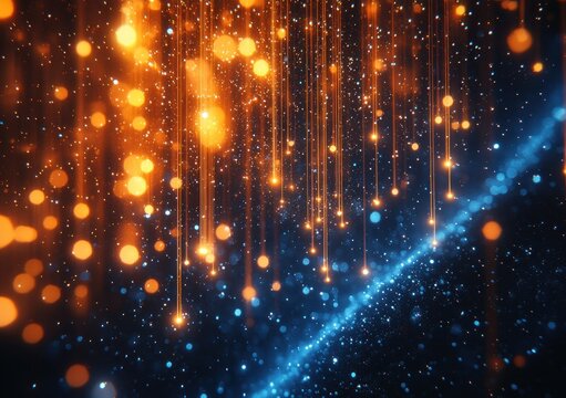 Glowing Fiber Optic Cable in High-Tech Style with Blue and Yellow Bokeh Lights