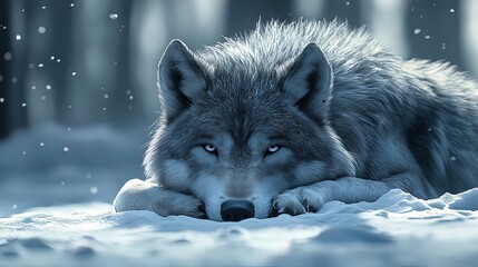 Fototapeta premium A tired wolf resting by itself in the snow, its fur matted and eyes heavy with sadness