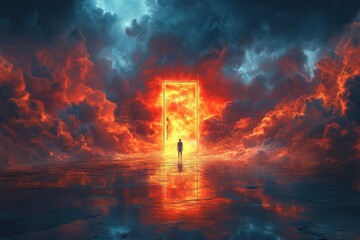 A Surreal Journey Through a Glowing Door in a Dreamlike Cloudy Sky