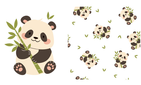 Vector set for printing on children's products. Cute panda with bamboo branch, printable print and seamless vector pattern . Vector illustration