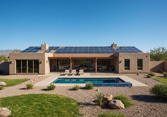 Fototapeta premium Modern Solar Panels Installed On A Arizona Home Under Clear Blue Sunny Sky, Solar Photography, Solar Powered Clean Energy, Sustainable Resources, Electricity Source