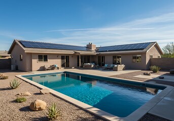 Fototapeta premium Modern Solar Panels Installed On A Arizona Home Under Clear Blue Sunny Sky, Solar Photography, Solar Powered Clean Energy, Sustainable Resources, Electricity Source