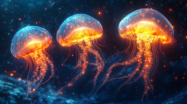 Glowing jellyfish drifting under dark water