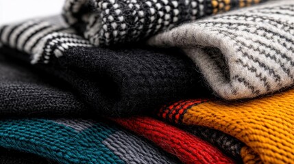 A pile of knitted scarves in various colors and patterns.
