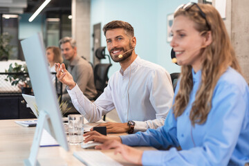 Office of call center, specialist smile, crm and customer service job. Web advice of employee by...