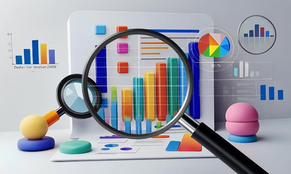 Analyzing financial data growth; charts, graphs, magnifying glass