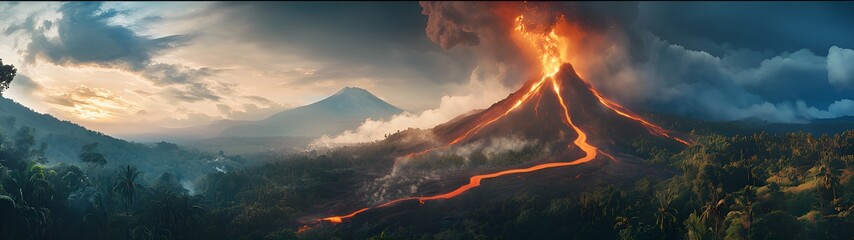Volcanic eruption. Left, fire and smoke erupt from the crater.