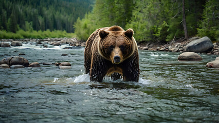 Obraz premium Bear fishing in river against forest background