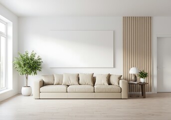 Interior Living Room, Empty Wall Mockup In White Room With Slatted Wood Panels, Beige Sofa And Decorations, 3d Render Real Room Template