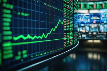 A stock market graph with a green upward trendline, displayed on a curved monitor in a high-tech trading room.