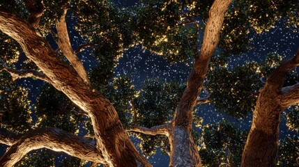 Majestic Oak Tree at Night Illuminated Branches Starry Sky Low Angle View