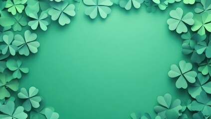 Fototapeta premium St. Patrick's Day Flat Lay with Paper Art Clovers on Green Background with Space for Wishes