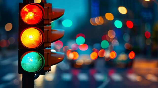 Vibrant Urban Night Traffic Light with Red, Yellow, and Green Signals Illuminating Busy Street, Bokeh Effects from Blurred Cars in City Setting.