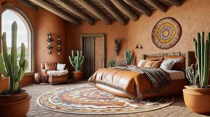 A southwestern adobe-style vintage bedroom with curved clay walls