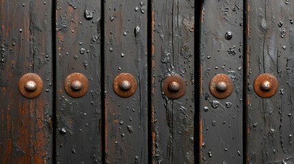 Obraz premium A close-up of a weathered wooden door with rusted screws.