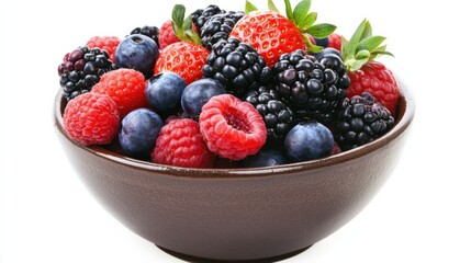 A bowl of vibrant mixed berries including strawberries, blueberries, raspberries
