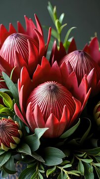 Stunning red protea blooms with greenery in dramatic closeup sequence