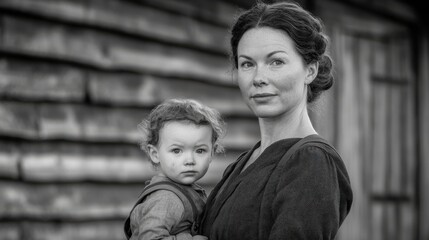 A mother tenderly holds her young child against a rustic wooden backdrop. Black and white photo.