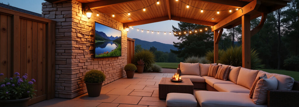 Stylish outdoor patio with TV, cozy seating, and warm lighting