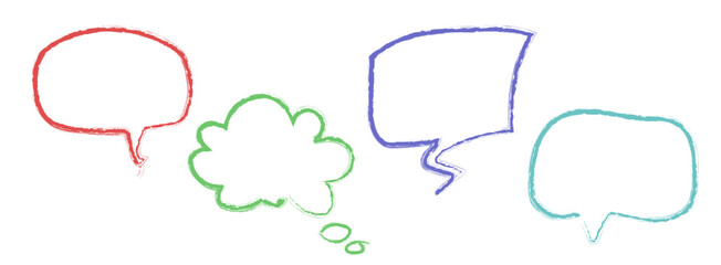 Fototapeta premium Colorful hand drawn speech bubble shapes with crayon texture in red, green, blue and turquoise outlines for comic dialogue, chat message or conversation design elements. Speak and think balloons.