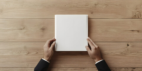 Project Framework Strategy Risk, Hands holding a blank notebook on a wooden table.
